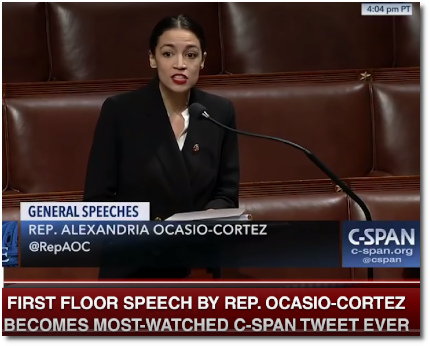 Alexandria Ocasio-Cortez's first speech on the House floor as a congresswoman quickly became CSPAN's most-watched video ever (16 Jan 2019).
