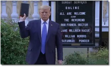 Trump stands in front of St. John's Episcopal church parish holding up a Bible on Monday 1 June 2020